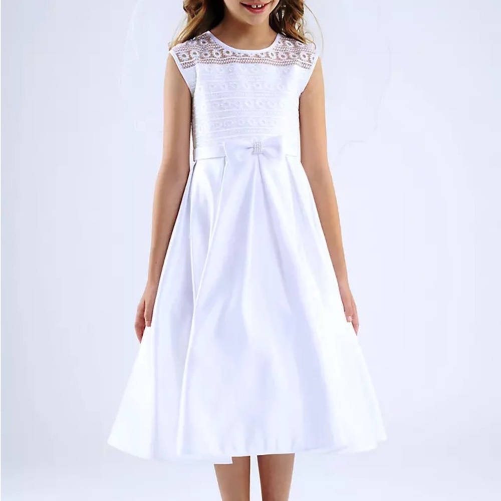 Girl’s Sleeveless Embroidered Illusion Dress with Pearled Bow